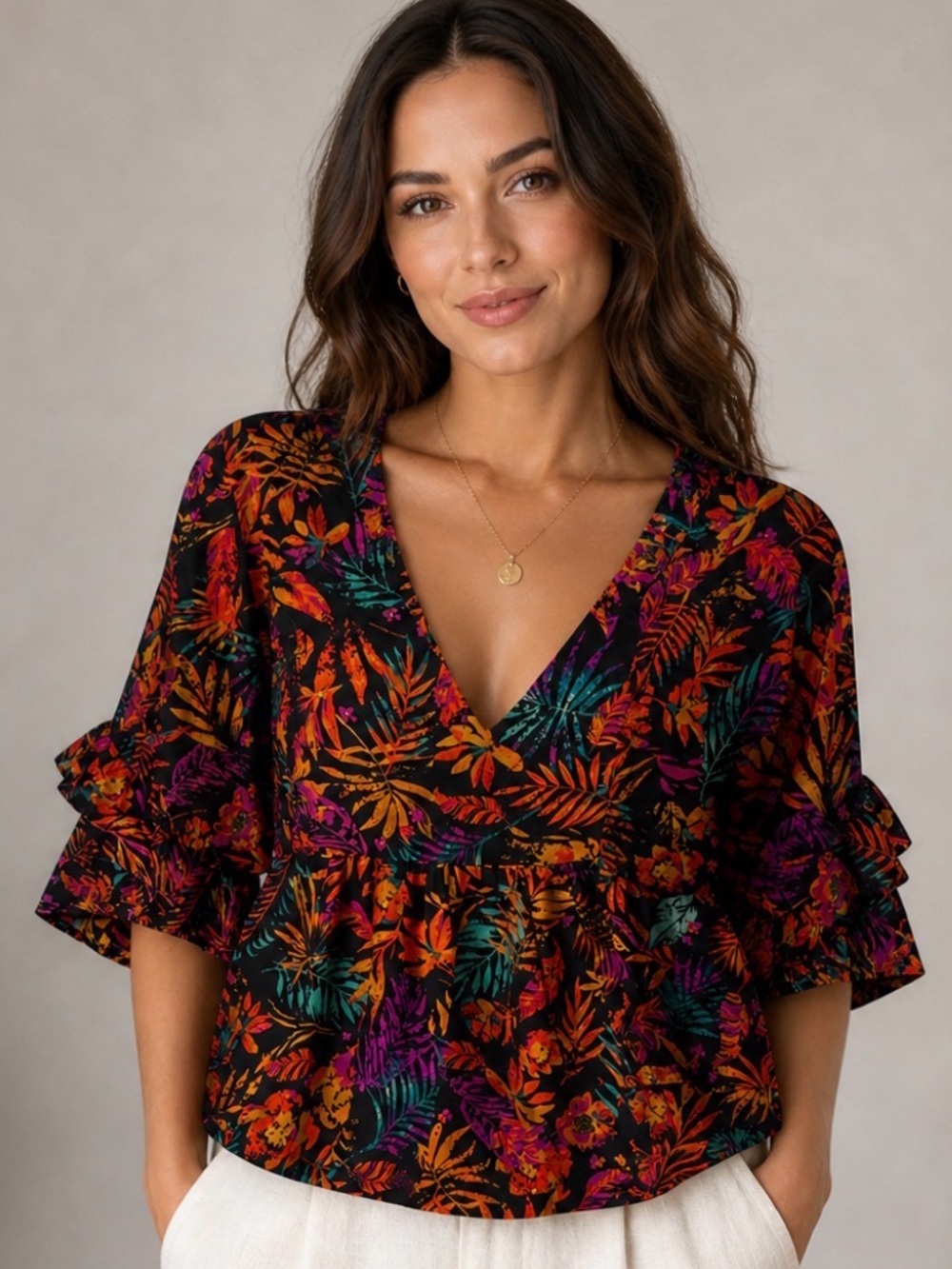 NEW EMILY WONDER flutter sleeve bright floral top blouse